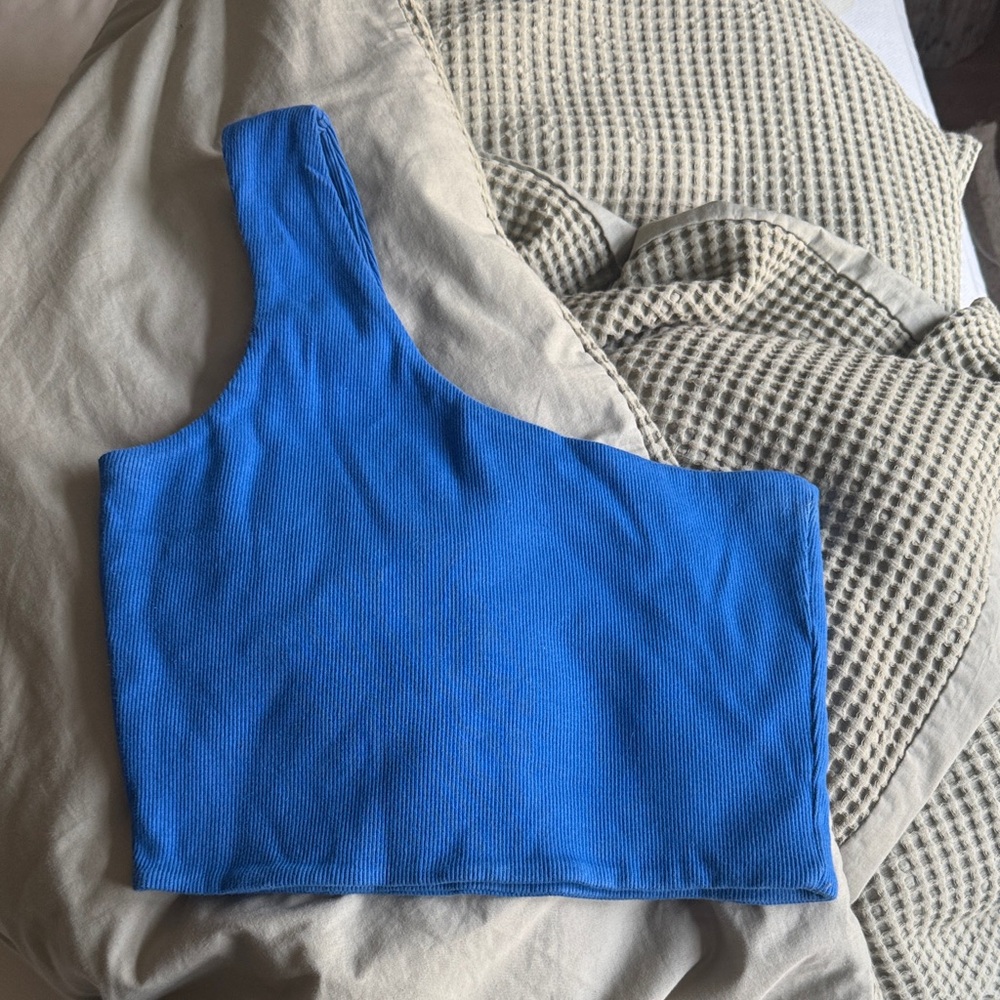 Ribbed Blue One-Shoulder Crop Top